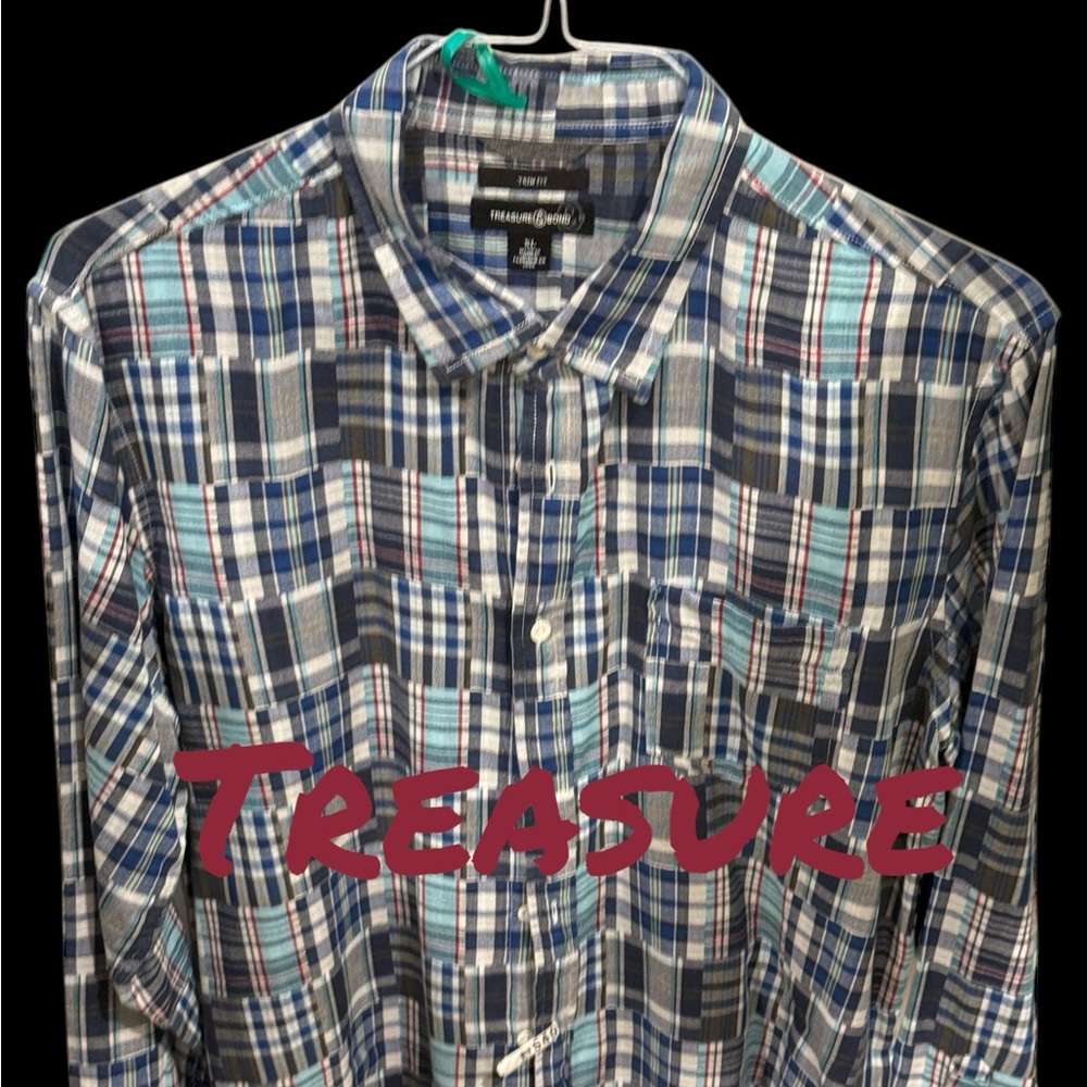 Treasure Bond Men's Plaid Button-Down Shirt - Blue and Gray Medium
